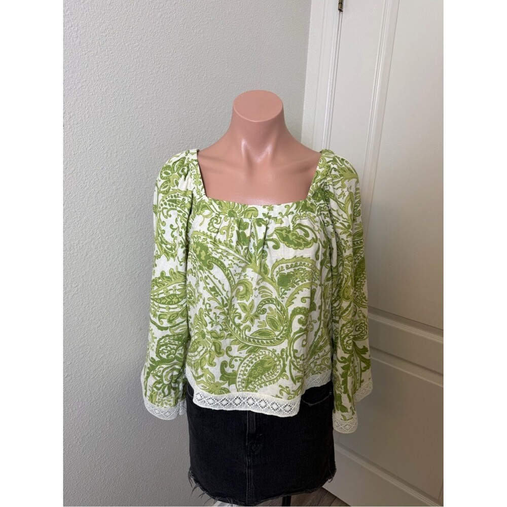 Nicole Miller Linen Blend Green Paisley Square-Neck Blouse Sz XS